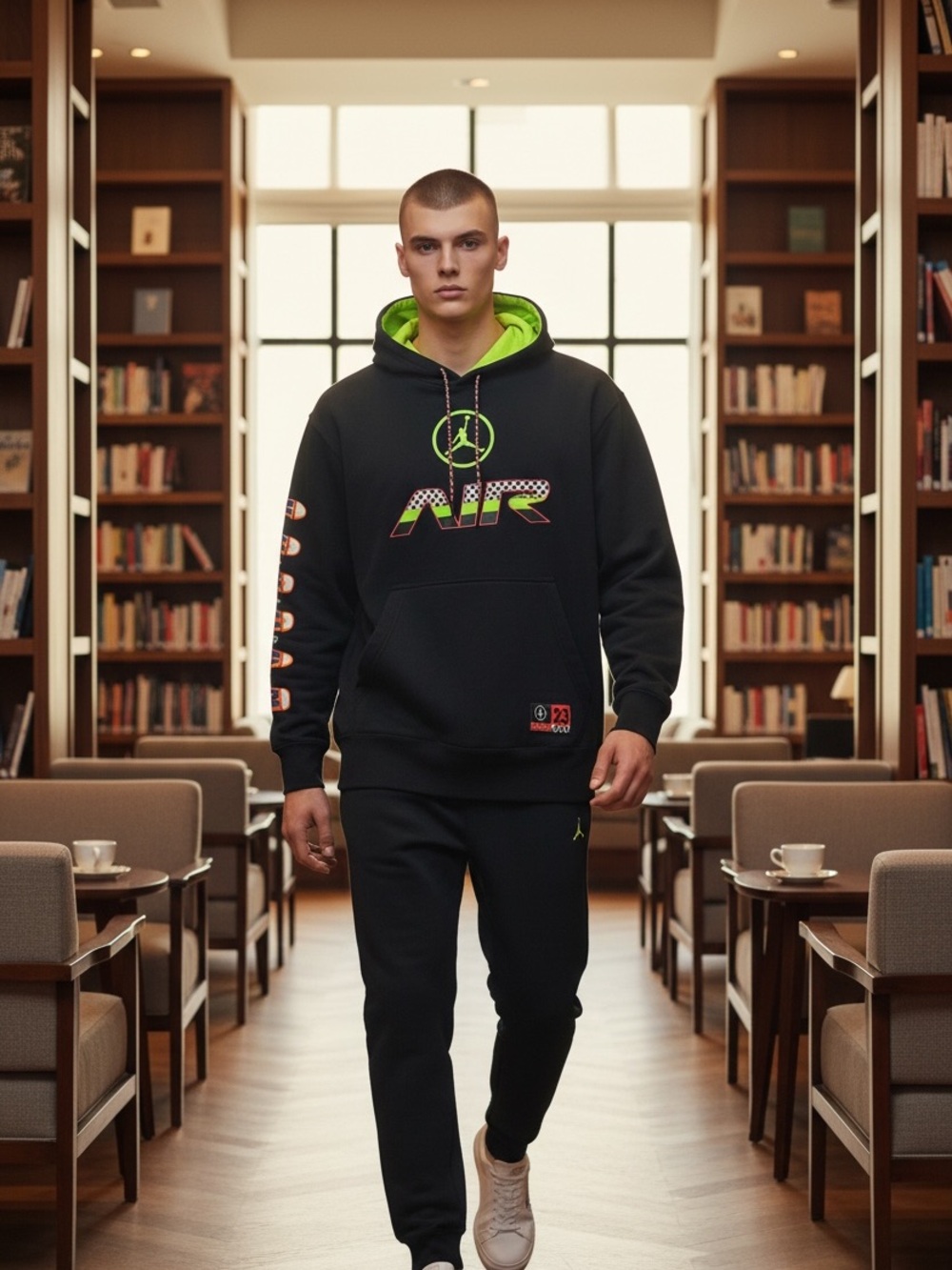 Jordan Men's Black Large Hoodie with Neon Lime Lining and Multicolor AIR Graphic - Picture 5 of 9